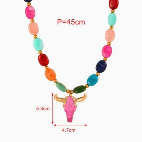 Multicolored Necklace,Pink, Gold Pendant Colorful Bull Skull Necklace,New - Picture 6 of 8